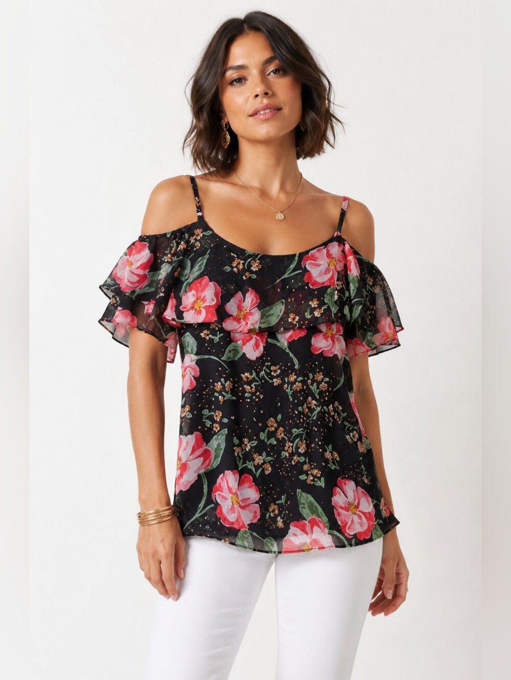 Cabi Black Floral Cold Shoulder top 5220